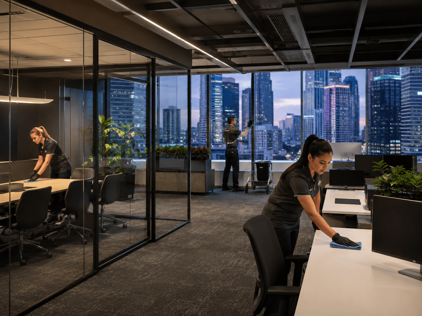 Tangora cleaner maintaining a modern office workspace