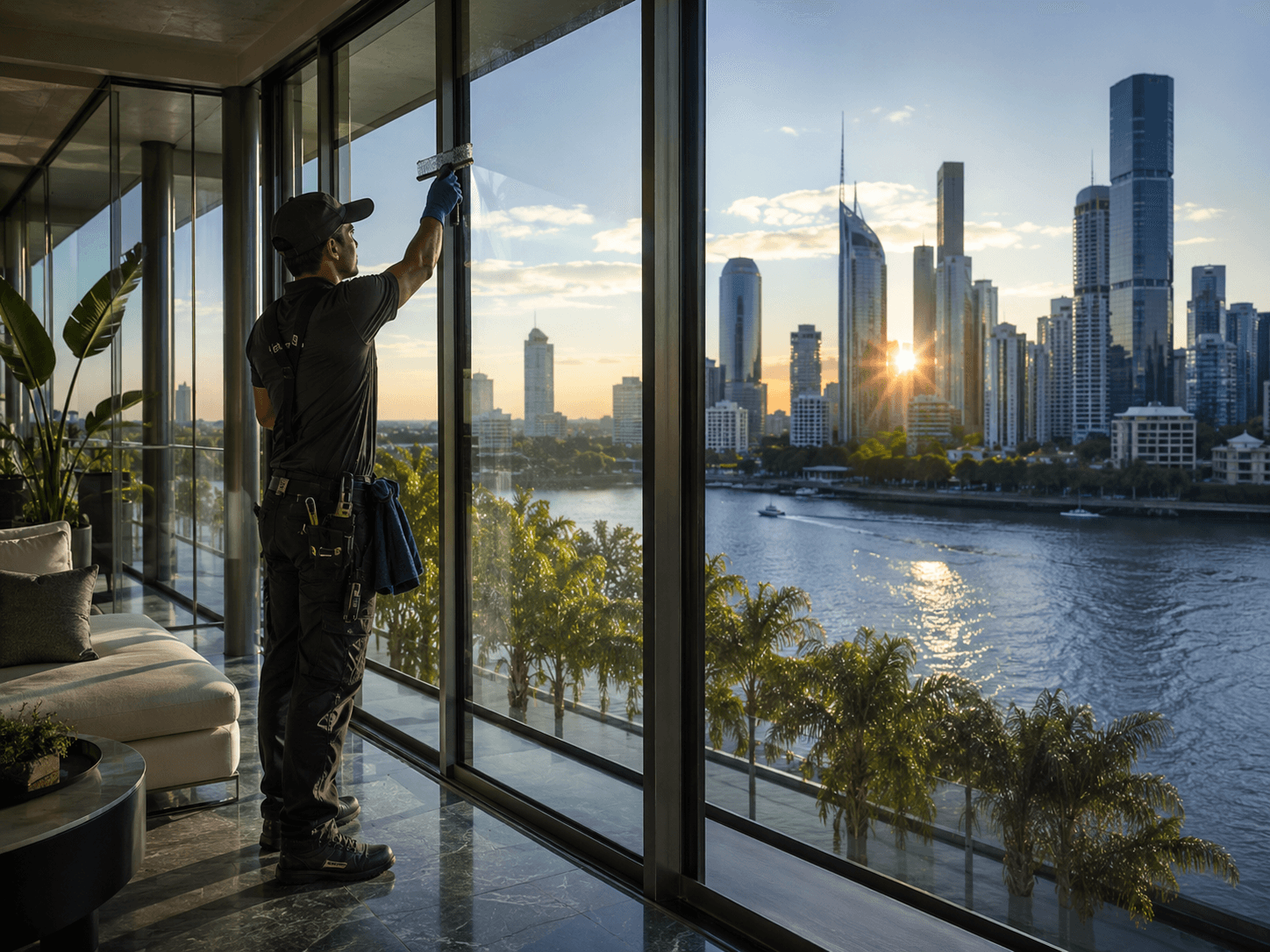 Tangora cleaner polishing large windows with Sydney skyline views
